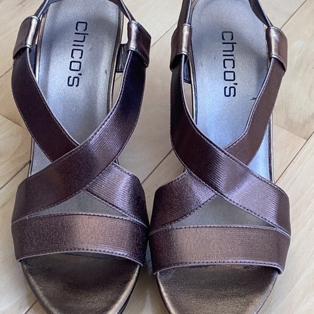 CHICOS bronze, open toe sling back espadrille wedge sandals. Women size 9.5 - Picture 5 of 16